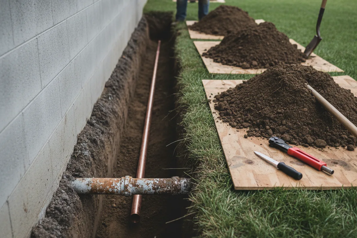 Excavated water line trench during Sewer Line Repair in Belfair